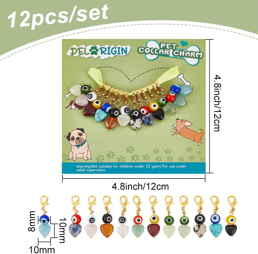 12pcs Evil Eye Heart Collar Pendants for Cat Dog, Gemstone Jewelry Charms Lampwork Pet Collar Pendants Clip-on Charms for Bag Decor Keychain Pet Necklace Training Home Decoration