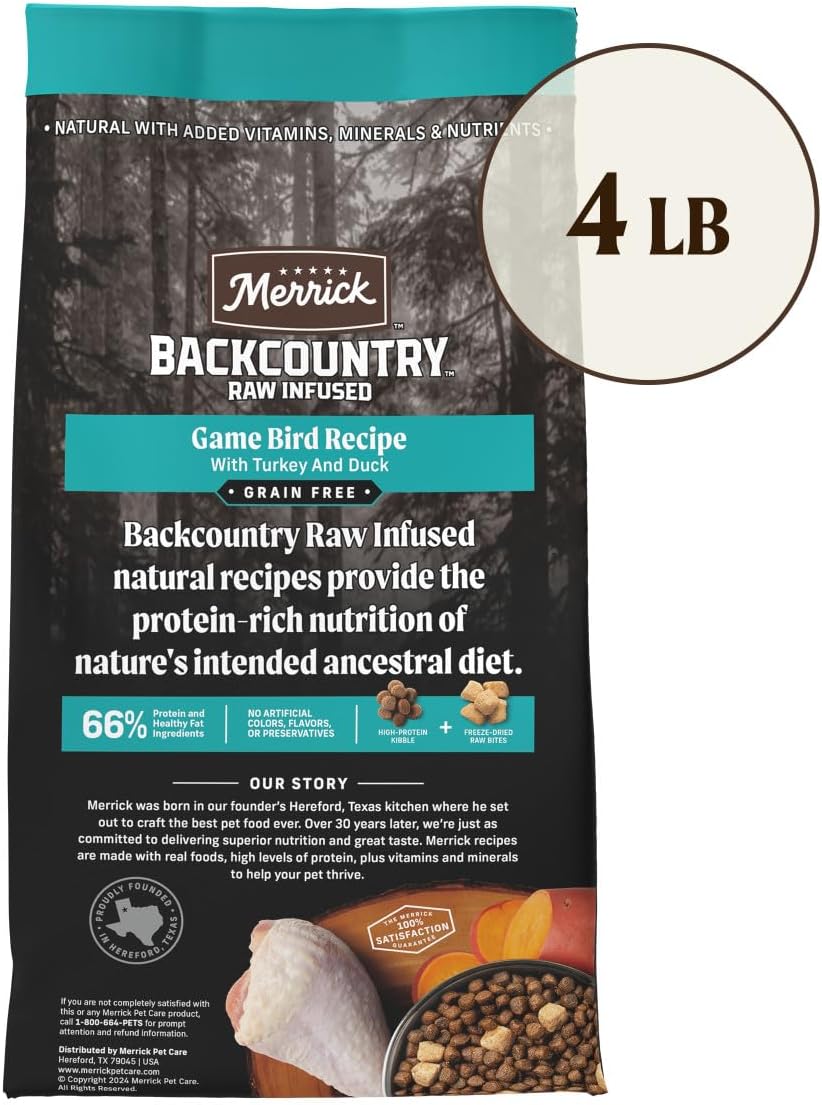 Merrick Backcountry Grain Free Dry Adult Dog Food, Kibble With Freeze Dried Raw Pieces, Game Bird Recipe - 4.0 lb. Bag