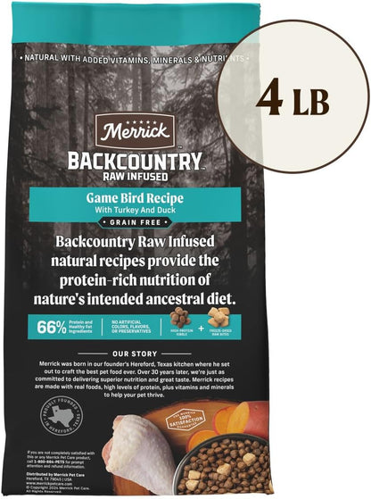 Merrick Backcountry Grain Free Dry Adult Dog Food, Kibble With Freeze Dried Raw Pieces, Game Bird Recipe - 4.0 lb. Bag