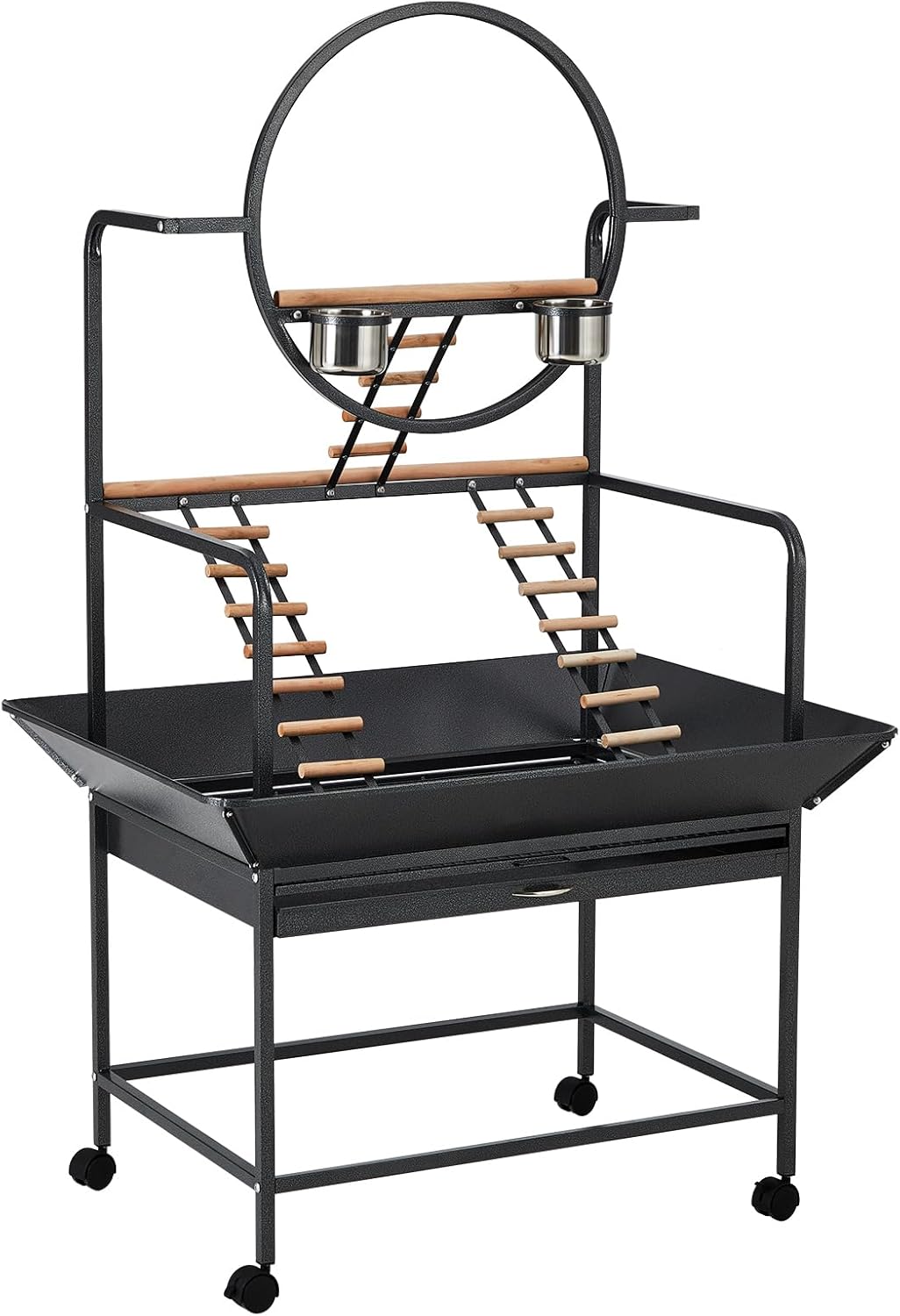 Bird Playstand, 66 in H Inch Birdcage Stand Activity Play Center with Perches and Ladders, Removable Tray, Indoor Outdoor Playground for Parakeet, Cockatiels Conures Parrots, Lockable Caster, Black