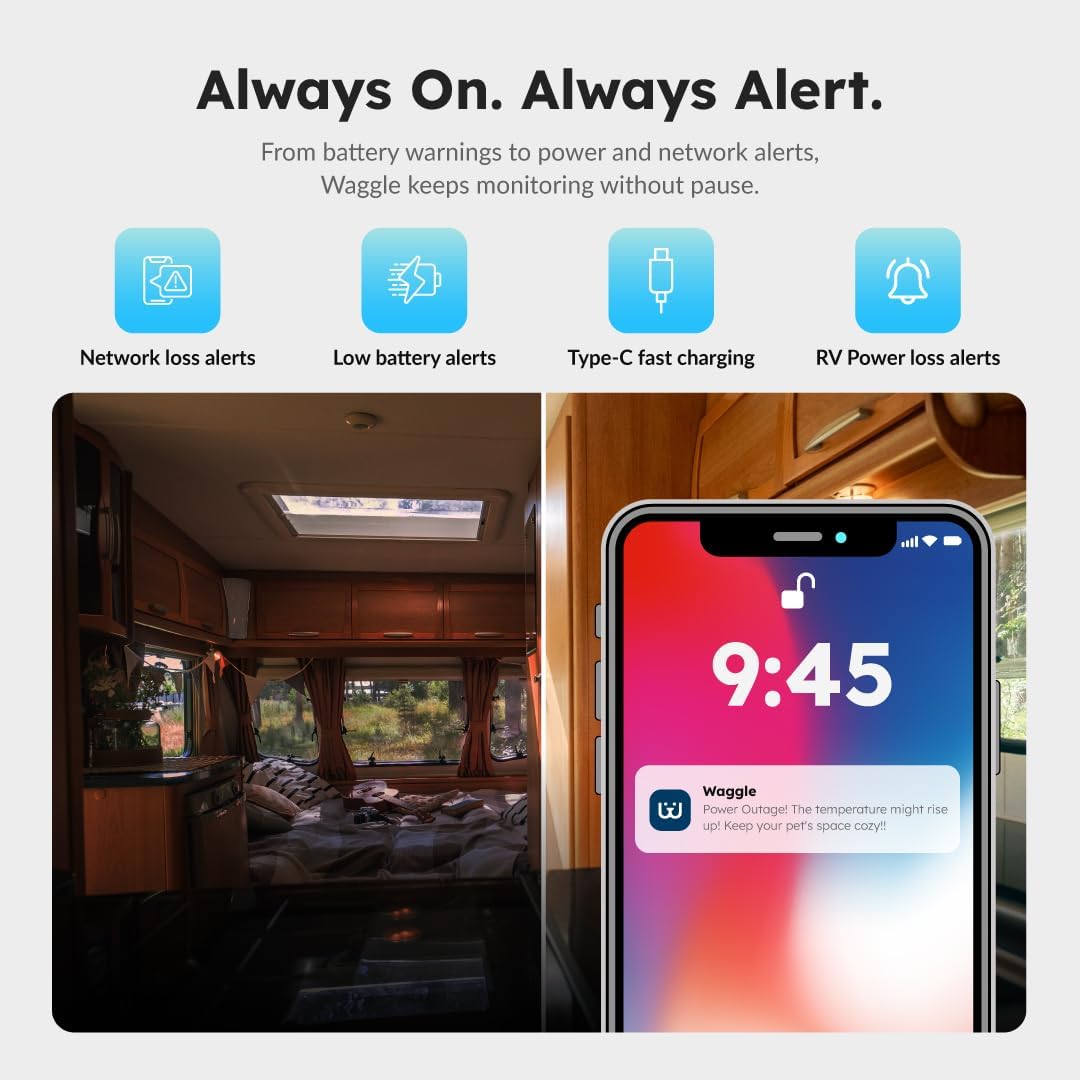 Waggle 4G Pet Temperature Monitor – 1-Year Subscription Included – No Wi-Fi Needed – Real-Time App/SMS/Email Alerts – RV, Car & Home Safety Device with Power-Outage Notifications