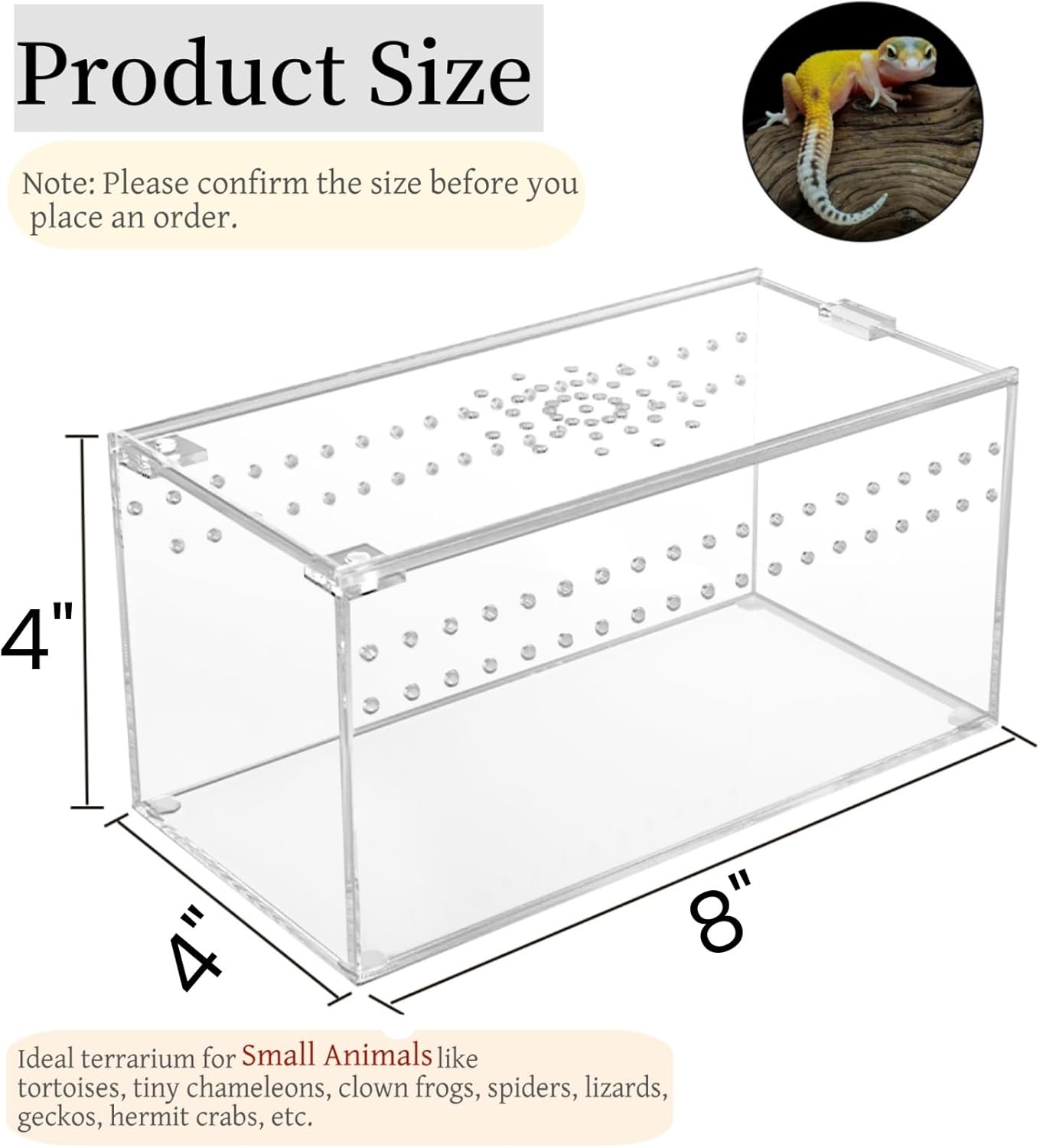 Acrylic Tarantula Enclosure Terrarium, 8" x 4" x 4" Small Magnetic Reptile Tank, Micro Spider Breeding Habitat Cage, Clear Ventilated Lizard Display Box for Hermit Crab Invertebrates Scorpion