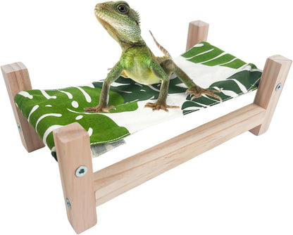 1PCS Bearded Dragon Bed, Wooden&Soft Fabric Reptile Bedding Hammock, Bearded Dragon Tank Accessories,Habitat Accessories for Leopard Gecko Snake Lizard or Other Small Animal (Green, Small)