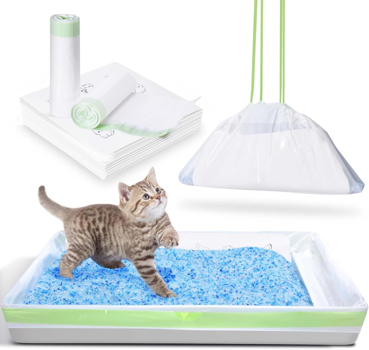 Cat Litter Liners with Anti-scratch Cardboard for Pet Scoop Free Self-Cleaning Litter Box, Kitten Waste Bag Compatible with Reusable/Disposable Refill Tray, Large Drawstring Kitty Poop Bags 20 Count