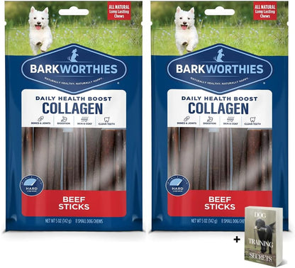Premium Collagen Beef Sticks for Dogs - 2 Pack - 6 inch Daily Health Collagen Chews- 8 Count Grain Free, Rawhide Free, Natural Dog Treats for Aggressive Chewers Dog Pack with E-Book