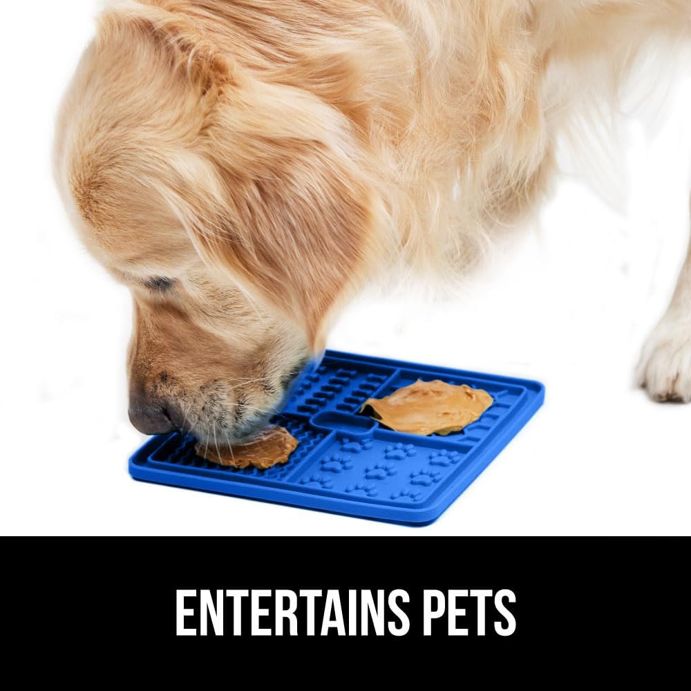 Gorilla Grip Dog and Cat Lick Mat 2 Pack and Silicone Pet Feeding Mat, Interactive Activity Toy Licking Pad 1 Royal 1 Green, 18.5x11.5 in Dog Cat Food Mat Contains Spills Gray Color, 2 Item Bundle