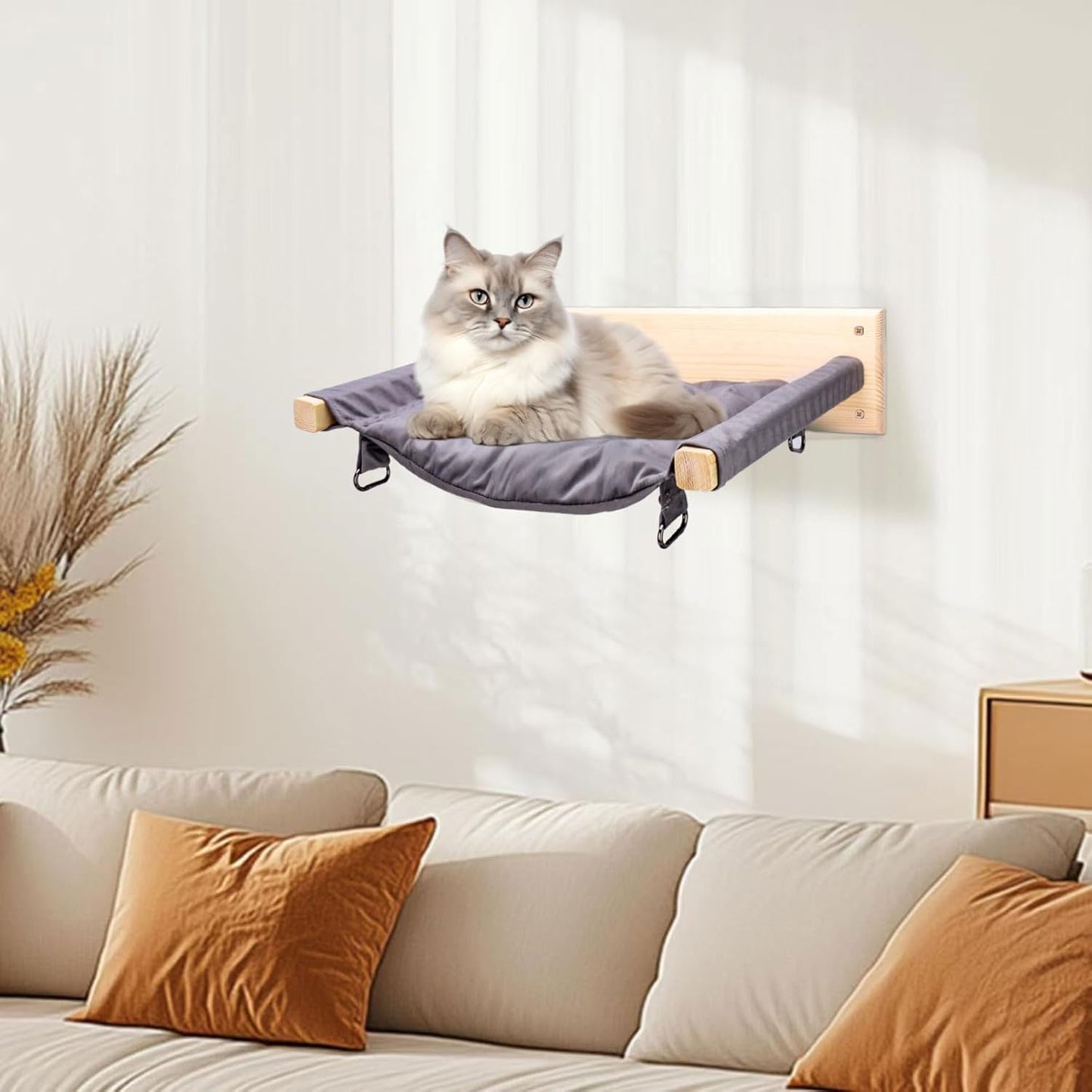 JSPYFITS Wooden Cat Wall Hammock, 18.9 x 12.6 Inch Double Layer Cat Furniture Hammock, Large Removable Multi-Function Cats Bed for Sleep/Play/Climb/Lounge Easy DIY Installation(Grey)