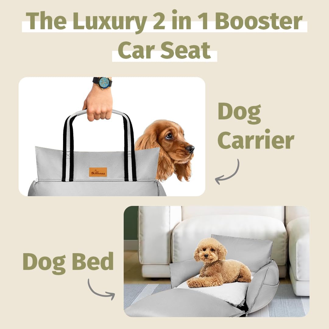 Dog Car Seat (Waterproof Booster) | Essential Travel Bed with Handles, Matching Pockets (Up to 30 Lbs) - Light Gray