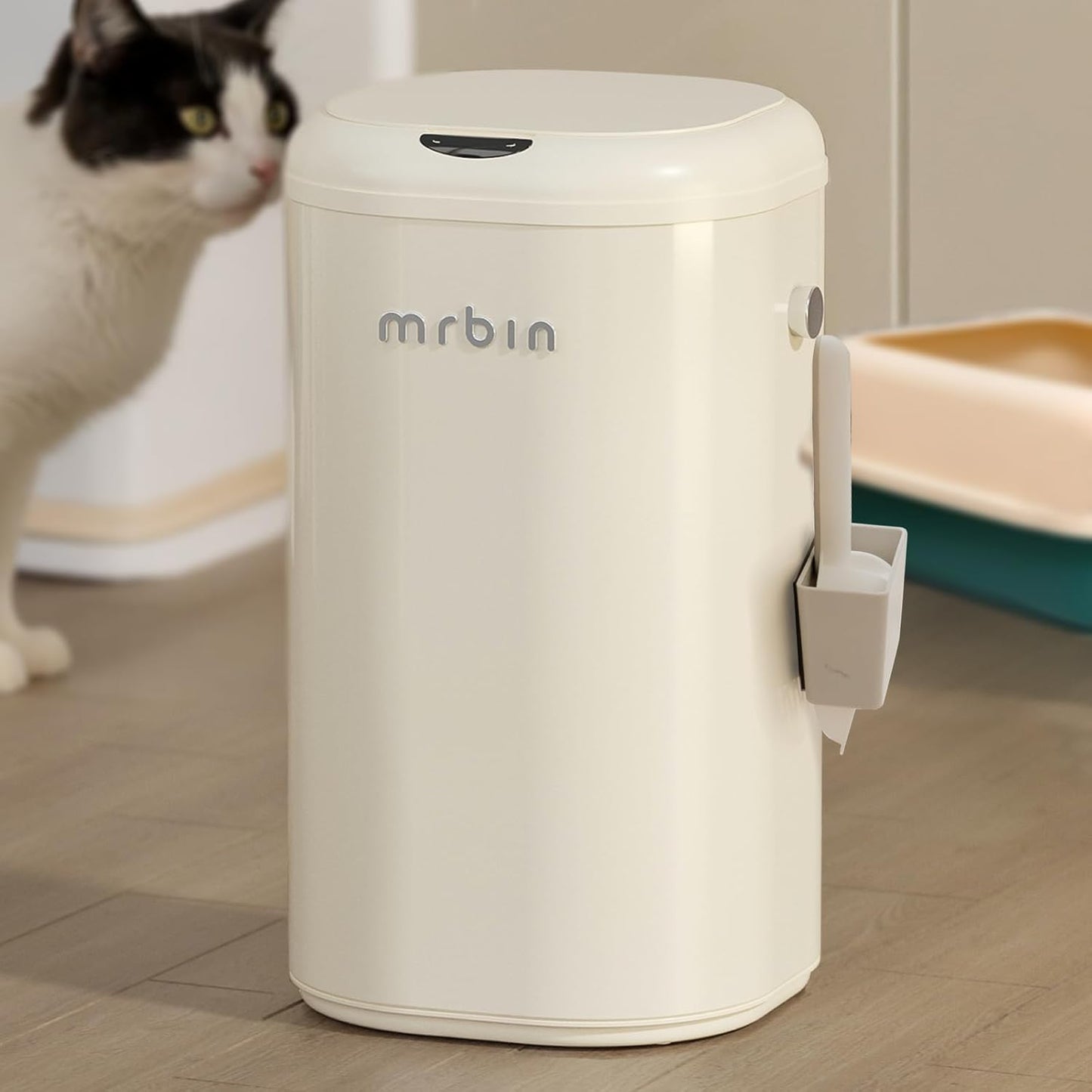 MRBIN Cat Litter Trash can Adsorption Metal, 18L / 4.8gal Automatic Absorbing Bag Diaper Pail, Garbage Bin with Wheels, cat Poop Odor Control Litter Box, Motion Sensor