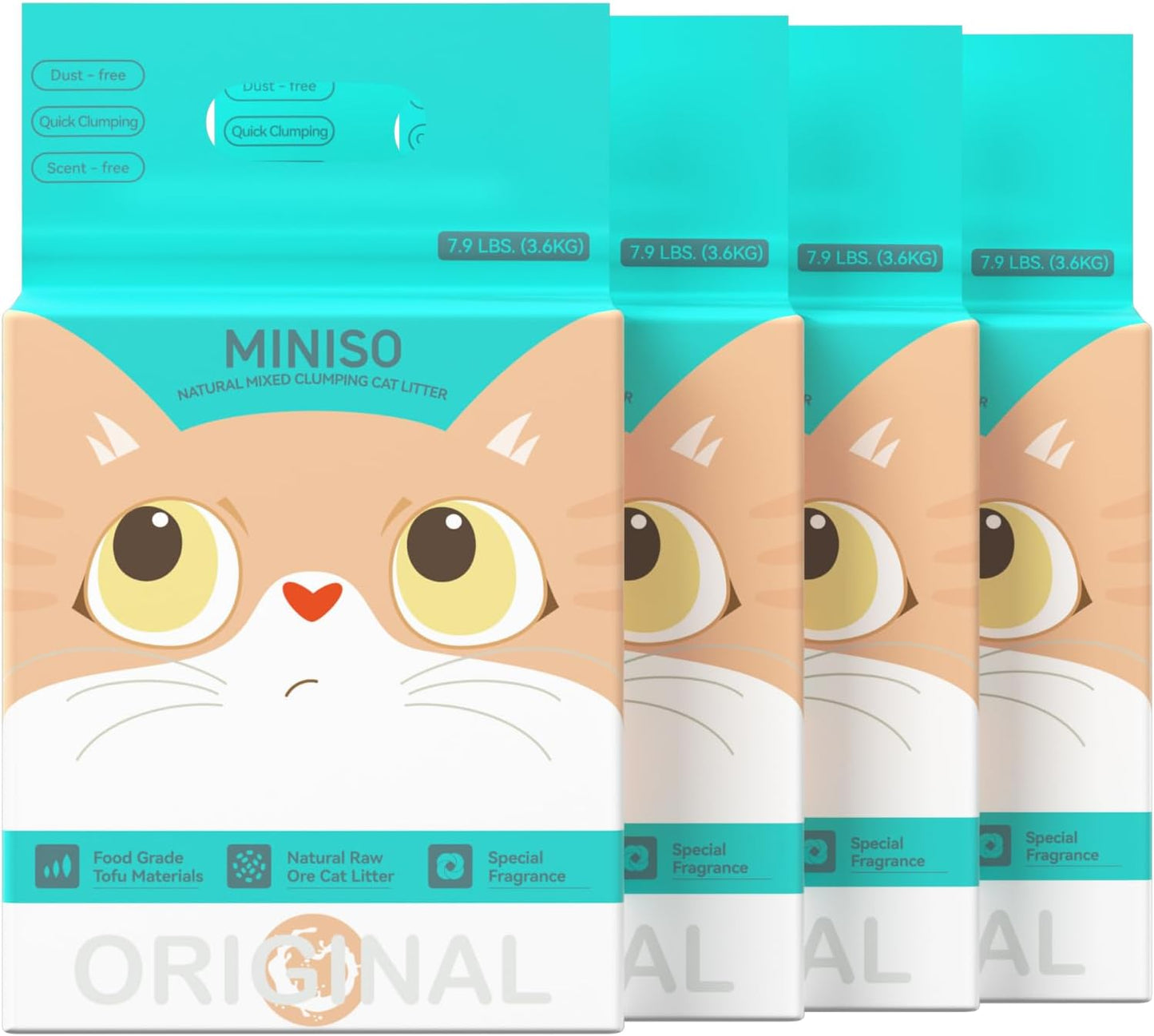 MINISO Clumping Cat Litter, Tofu+Bentonite+Cassava, Odor Control, Rapid Clumping, Water Absorbent and Toilet Flushable, Multi-Cat, Original Style, 31.6lb (4 Pack of 7.9lb Bags)