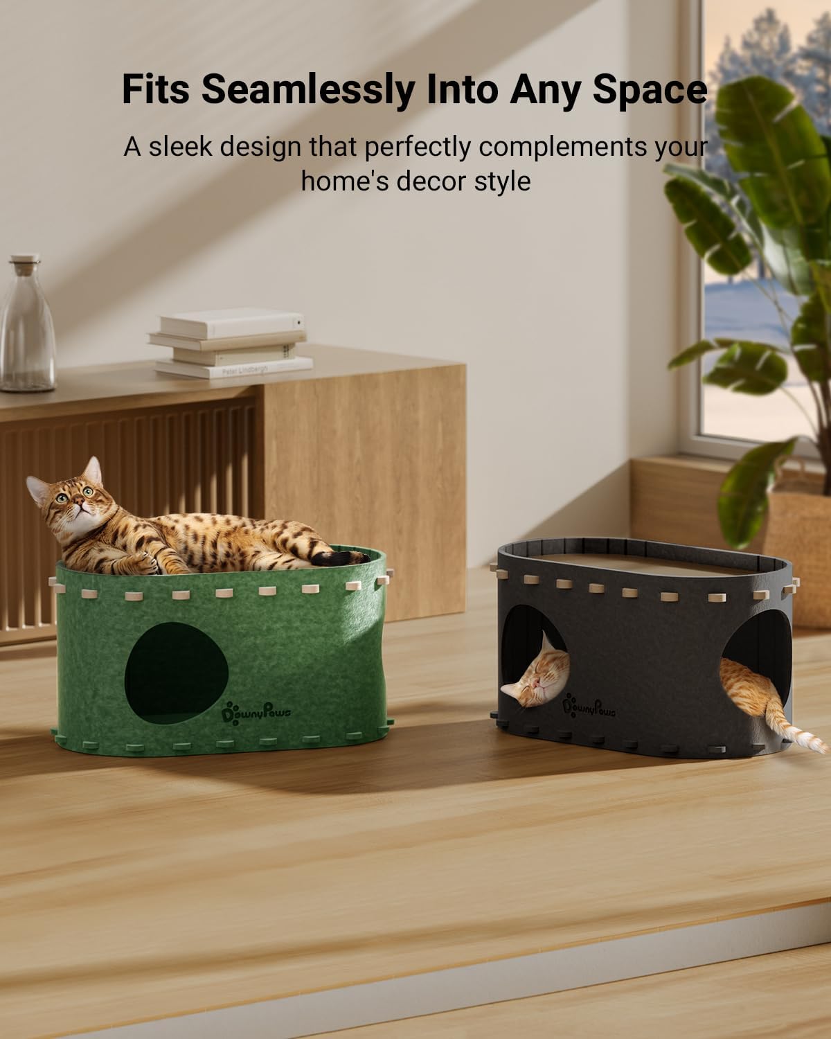 DownyPaws Cat House for Indoor Cats, Cat Bed Cave for Multiple & Large Cats Up to 22 Lbs, Scratch Resistant Peekaboo Cat Caves, Foldable Tunnel Enclosed Bed, PeekaPurr, Forest