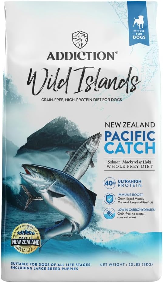 Addiction Wild Islands Pacific Catch - NZ King Salmon, Mackerel & Hoki - Whole Prey Diet with Omega-3 Rich Fish - High-Protein Grain-Free Dry Dog Food for All Life Stages - 20lbs