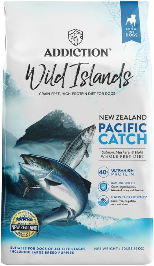 Addiction Wild Islands Pacific Catch - NZ King Salmon, Mackerel & Hoki - Whole Prey Diet with Omega-3 Rich Fish - High-Protein Grain-Free Dry Dog Food for All Life Stages - 20lbs