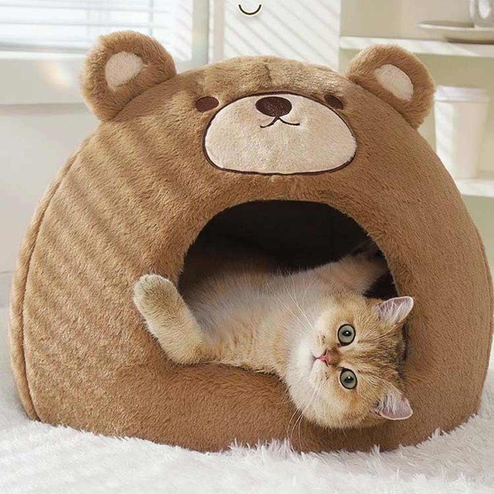 Cat Beds for Indoor Cats - Cute Cat Bed Cat Cave Bed ，Soft Calming Pet Bed with Removable Washable Cushioned Pillow，Cat Hideaway for Kitten&Puppy,Small Dog (Bear，S)
