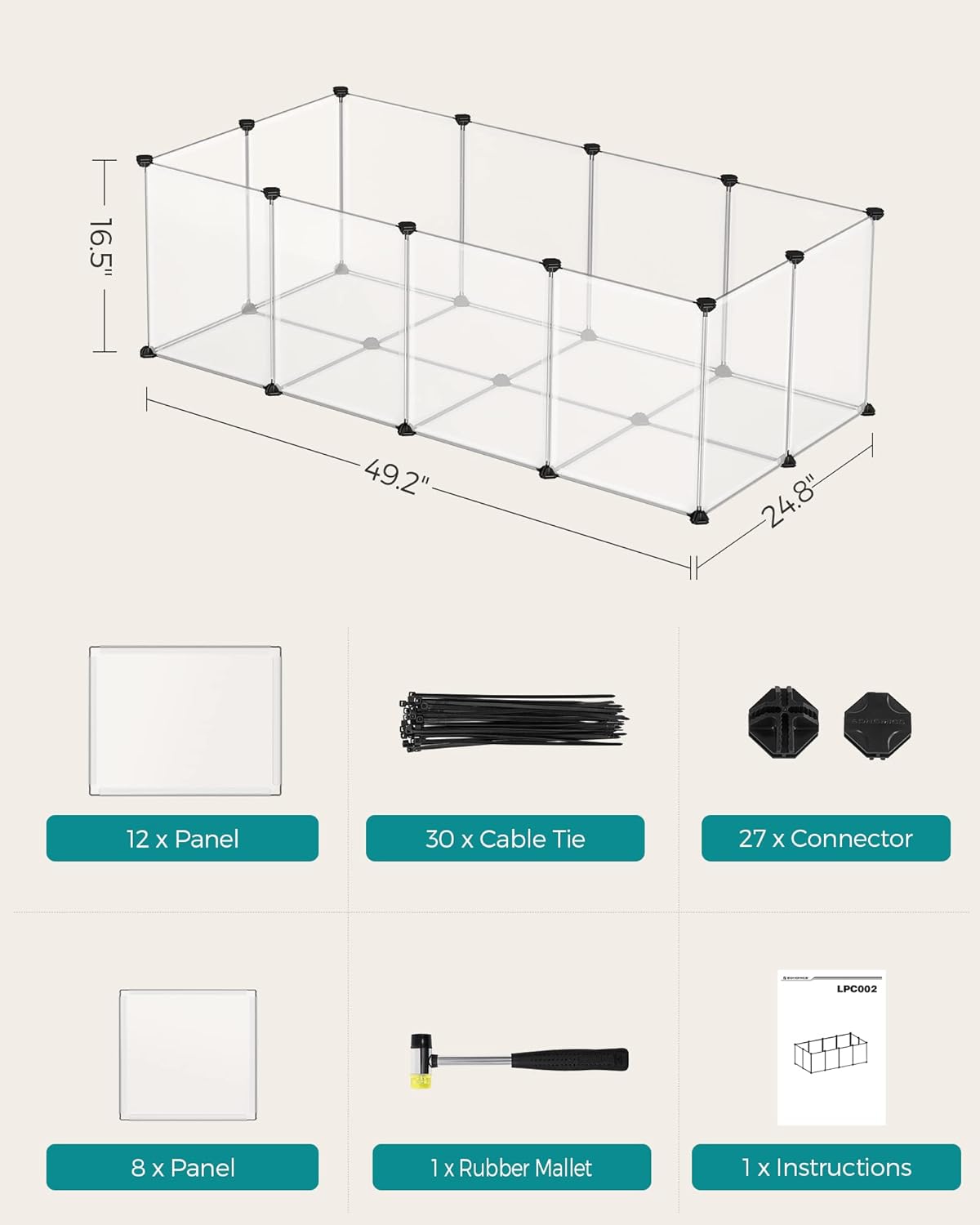 SONGMICS 20 Panels Pet Playpen with Floor, Small Animal Playpen, Pet Fence Indoor, DIY Plastic Enclosure for Guinea Pigs, Bunny, Hamsters, Hedgehogs, 49.2 x 24.8 x 16.5 Inches, White ULPC001W01
