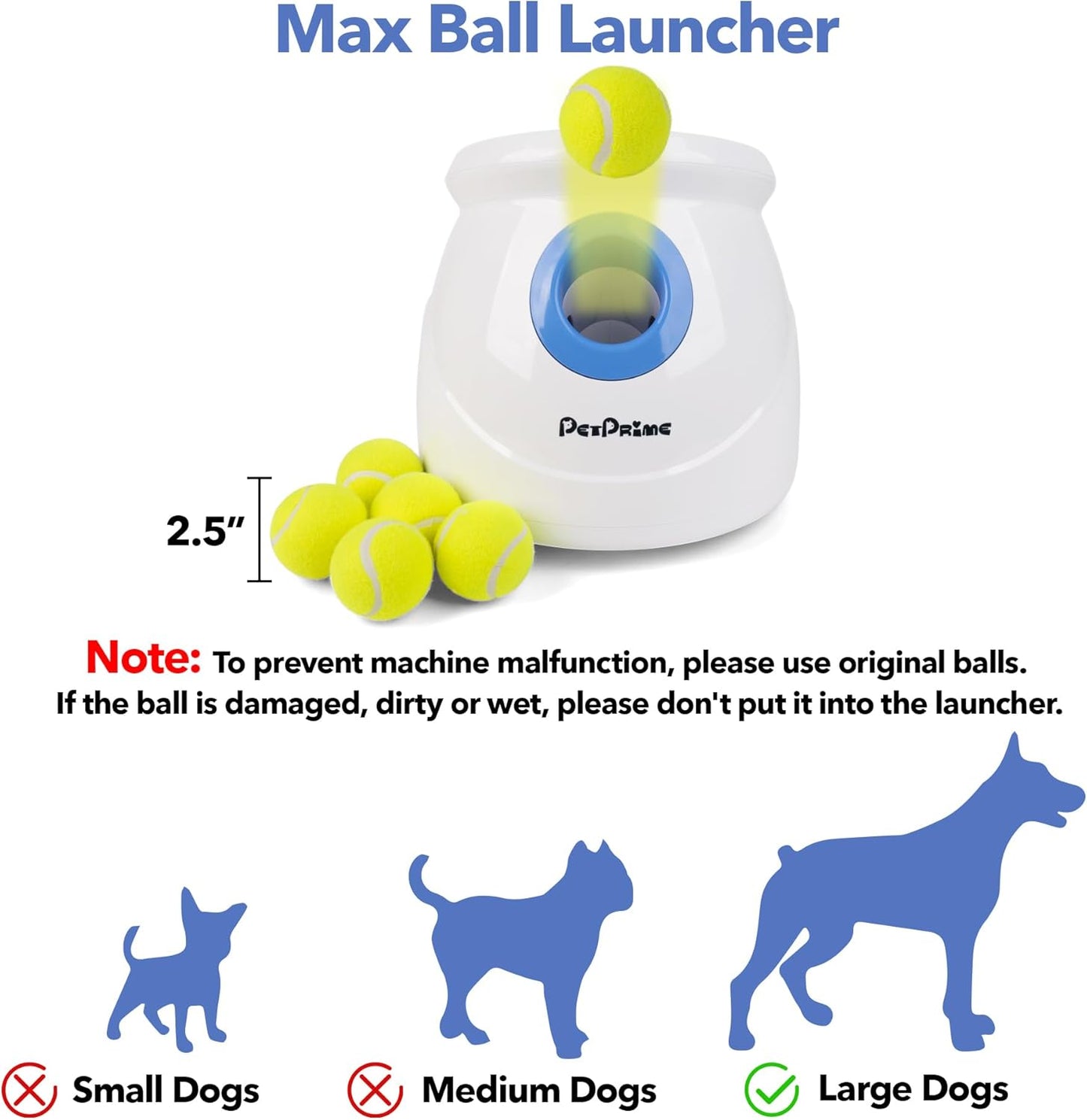 Pet Prime Dog Automatic Ball Launcher for Large Dogs Ball Thrower Machine Outdoor Indoor Use Interactive Dog Toy Adjustable Distance 10-40ft - Included 6 PCS 2.5” Tennis Balls and a Whistle