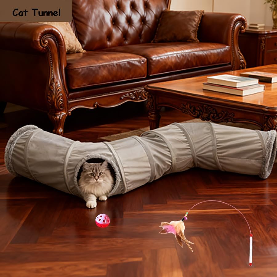 Pet Cat Tunnel Tube Toy Kit, 2 Way Grey Plush Collapsible Long Tunnels for Multi Cats Play, Interactive Maze Hideout for Puppy, Kitty, Kitten, Rabbit with Ball and Wand Toys