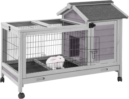 Wooden Rabbit Hutch Indoor and Outdoor, Rabbit Cage with Removable Wire Netting and Leak Proof Tray, Mobile Bunny Cage with Wheels