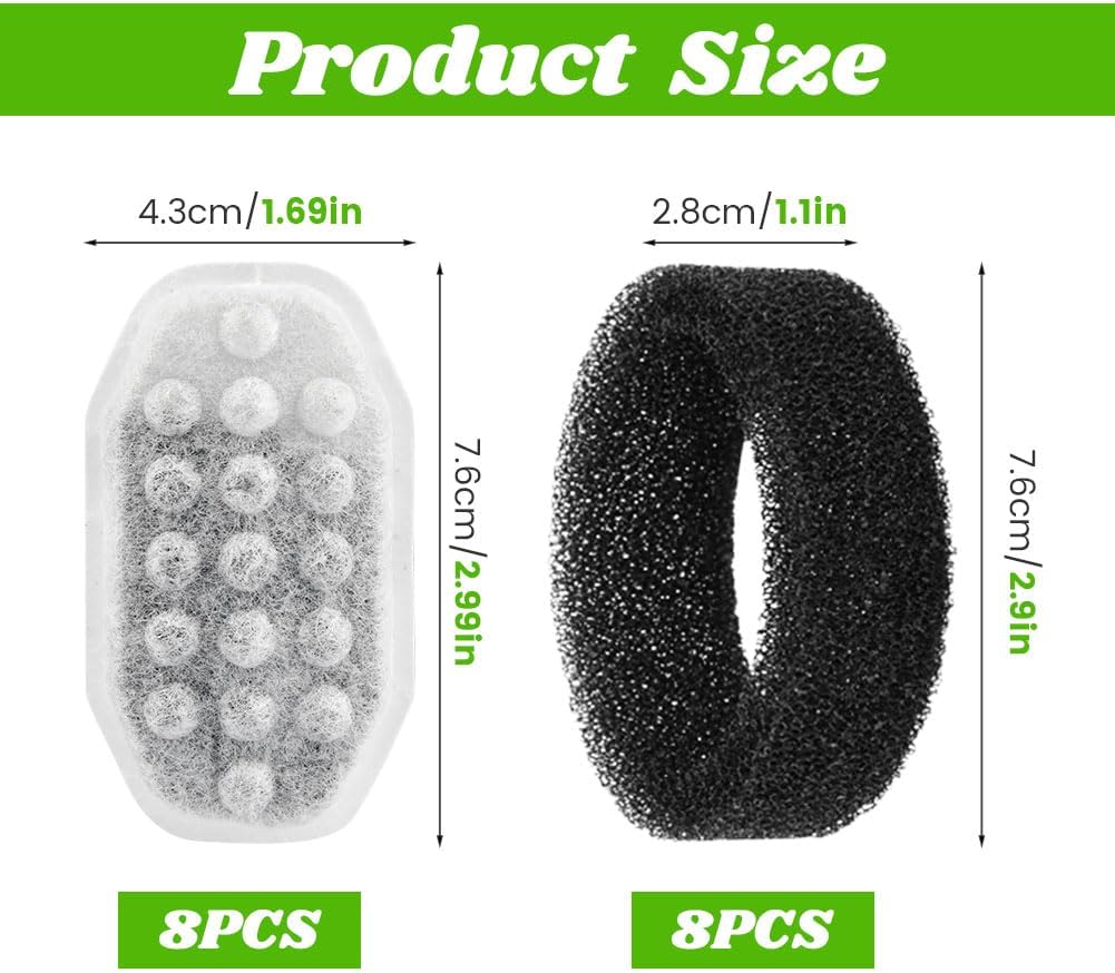 Cat Water Fountain Filters,Cat Fountain Replacement Filter Includes 8/16 Pet Replacement Filters 8/16 Sponges Compatible with 2/3/3.2/4LStainless Steel Pet Water Dispenser