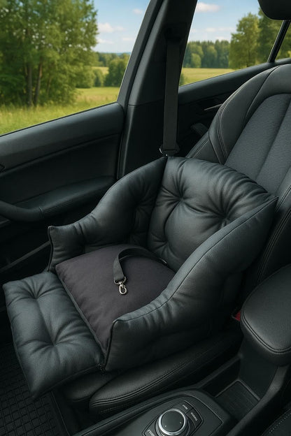 Dog Car Seat for Small Dogs, Travel Booster Bed with Safety Belt, Eco Leather Pet Seat, Black