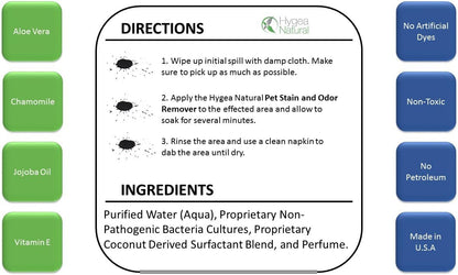 Hygea Natural Stain and Odor Eliminator, Pet Odor and Stain Remover for Urine & Vomit, Spot Carpet Cleaner for Small Animal, 16 Oz