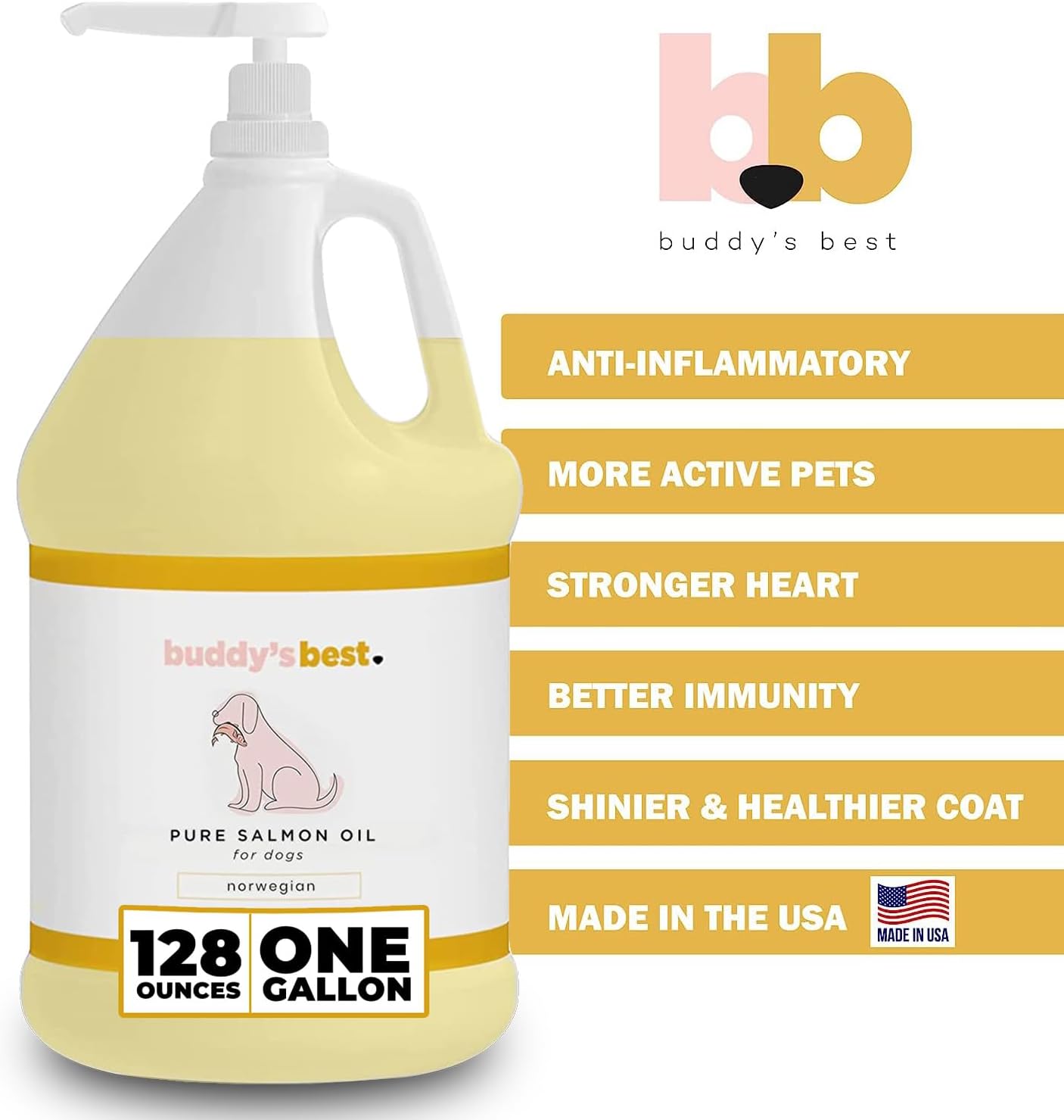Salmon Oil for Dogs by Buddy’s Best – 1 Gallon (128oz) | 100% Norwegian Fish Oil | Human-Grade & Odorless | Omega 3 Supplement for Coat & Joints