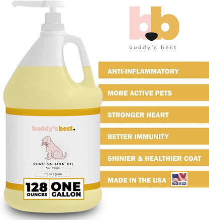 Salmon Oil for Dogs by Buddy’s Best – 1 Gallon (128oz) | 100% Norwegian Fish Oil | Human-Grade & Odorless | Omega 3 Supplement for Coat & Joints