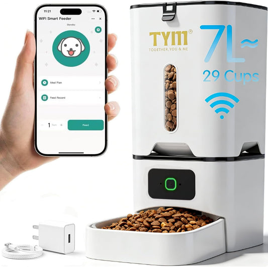TYM Automatic Cat Feeder, 7L Cat Food Dispenser with 2.4G WiFi, Timed Cats Feeder with APP Control, Auto Pet Food Dispenser for Small Pets, Dogs, Fresh Food, Dual Power Supply, Detachable for Easy