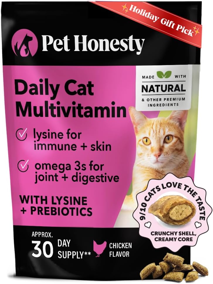 Cat Multivitamin Crunchy & Creamy Chews - Cat Treats for Health + Immune, Joint Support, Skin & Coat, & Digestion - Vitamins with Omega 3s, Lysine & Probiotics (30 Day Supply)
