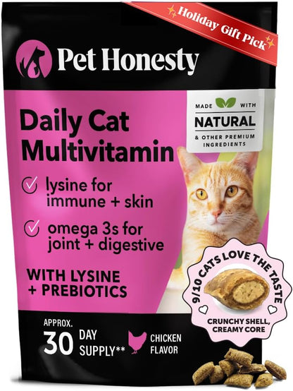 Cat Multivitamin Crunchy & Creamy Chews - Cat Treats for Health + Immune, Joint Support, Skin & Coat, & Digestion - Vitamins with Omega 3s, Lysine & Probiotics (30 Day Supply)