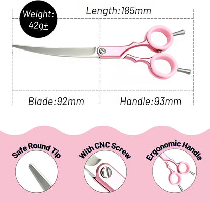 7.5in 24 Teeth Chunker & 6.75in Pink Curved Dog Grooming Scissors, Japan 30 Degree Bend, VG10 Steel Sharp Scissors for Dog Grooming, Professional Pet Thinning Shears for Dogs Cats on Face Paw