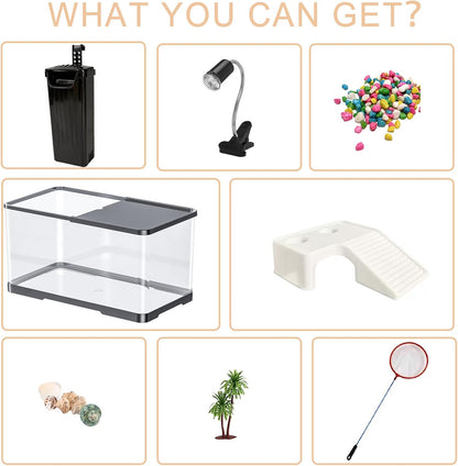 Turtle Tank Starter Kit, Upgraded Aquarium Fish Tank Kit with Filter,Fish Net, Reptile Habitat with Adjustable UV Lamp & Lid,Bask Platform for Crabs,Amphibians,Reptiles.(15.4" * 8.5" * 8.35")