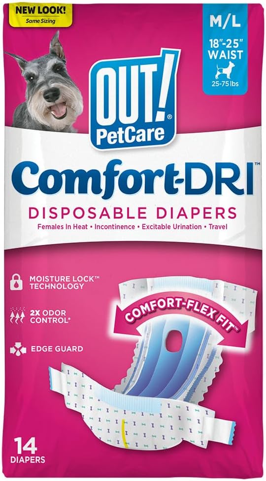 OUT! Petcare Disposable Dog Diapers Female, Potty Training, Female Dog Diapers, Puppy Training, Pet Supplies, For Incontinence, Puppy Essentials, 18”- 25” Waist, Medium/Large, 14 Count