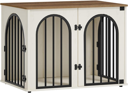 31.5'' Wooden Dog Crate Furniture, Indoor Dog Kennel Dogs Cage for Small/Medium Dogs, Heavy Duty Dog Crates Decorative Pet House End Side Table TV Stand, White Brown DFC85114B