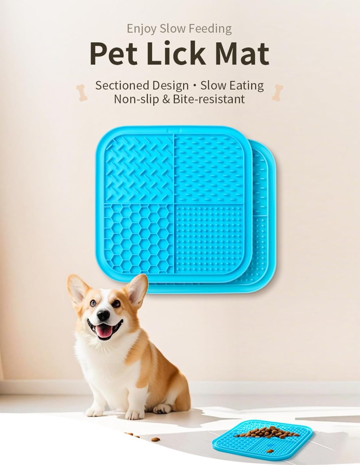 Dog Licking Mat for Anxiety Relief, Slow Feeder Silicone Pad with Strong Suction Cups - Food Grade - Dishwasher Safe, Freezer Safe - for Dogs and Cats (Blue)