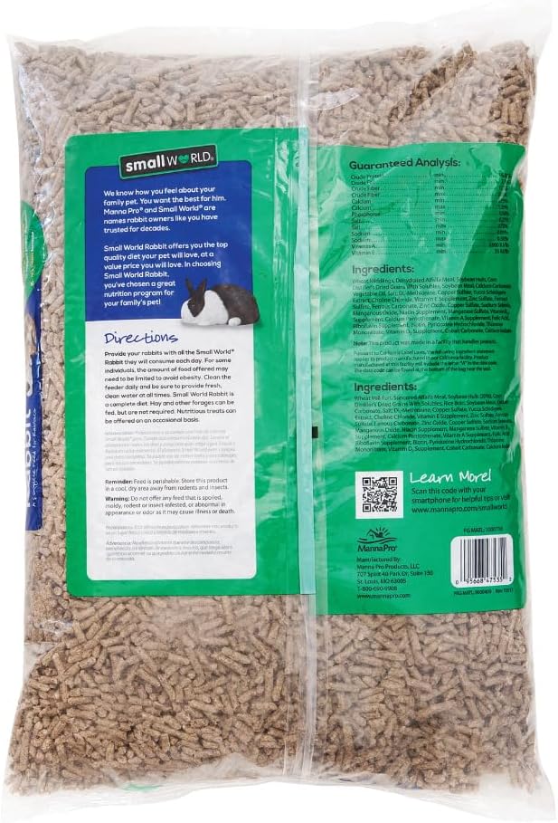 Small World Rabbit Food, Complete Feed, Pelleted Food for Rabbits, Fortified with Essential Vitamins & Minerals for Daily Health, High-Fiber Diet for Digestive Support, Resealable Bag, 10 lb
