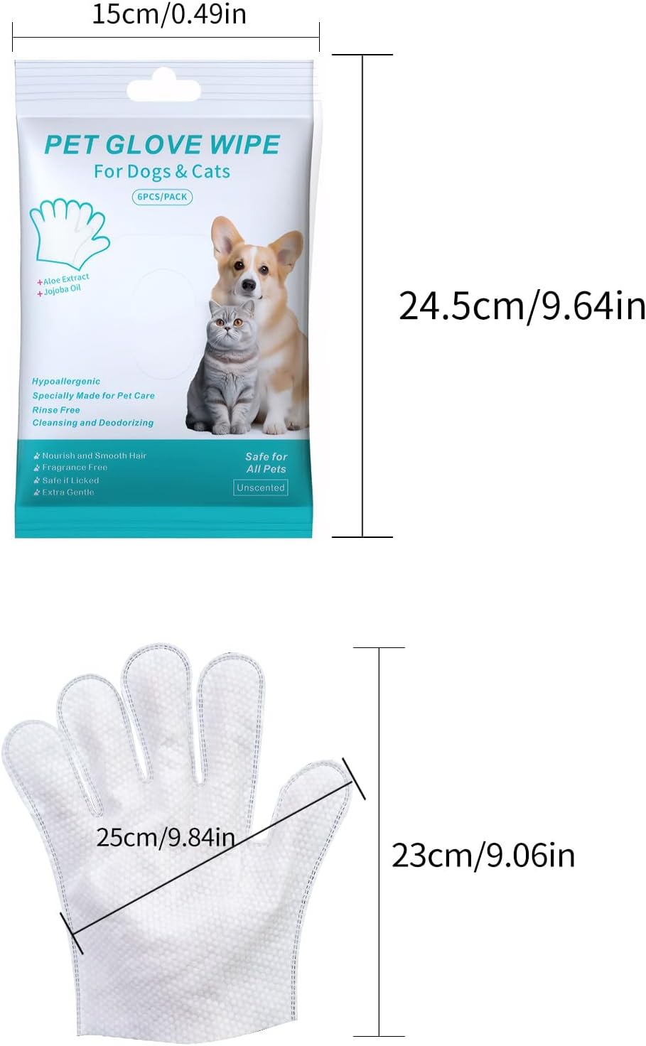 Pet Glove Wipe for Dogs & Cats, Hypoallergenic, Rinse Free, Cleansing and Deodorizing, Cat & Dog Wipes for Paws and Butt, 6 PCS/Pack (2Pack)