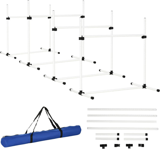 PawHut 4 Piece Dog Agility Training Equipment for Dog Agility Course with Adjustable Height Jump Bars, Included Carry Bag, & Displacing Top Bar, White