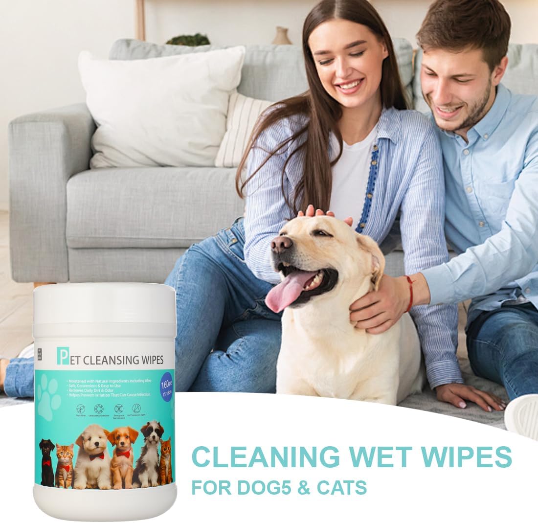 Pet Wipes 160 Count Dog Cleaning Wipe Gentle Paw Wipes for Grooming Ears, Body and Butt, 15 x 18CM