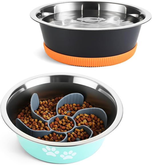 Premium Stainless Steel Dog Bowls,50OZ Large Capacity,Set of 2,Including Slow Food Bowl and Water Bowl,Suitable for Large and Medium-Sized Dogs,Green,Orange and Black