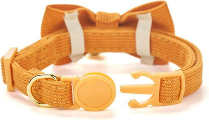 Cotton Breakaway Kitten Collar with Bow Tie and Bell Adjustable Cute Soft Corduroy Cat Collars for Small Cats(Orange,XS)