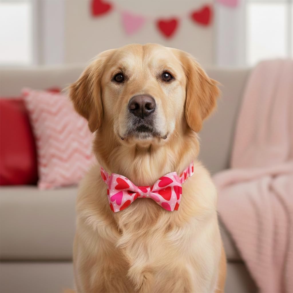Valentine Dog Collar with Bow Tie, Holiday Quick-Release Red and Pink Heart with White Polka Dots Pattern for Small Medium Large Pets Puppies