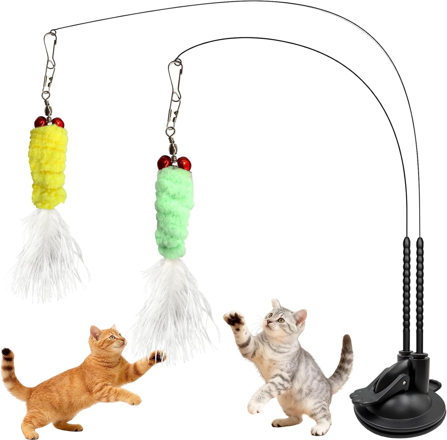 Cat Toys Interactive Teaser Wand, Feathered Fish Toy with Suction Cup Base, Realistic Fish & Feather Attachments for Multi-Cat Households, Perfect for Independent Play, Ideal for Cats & Kittens