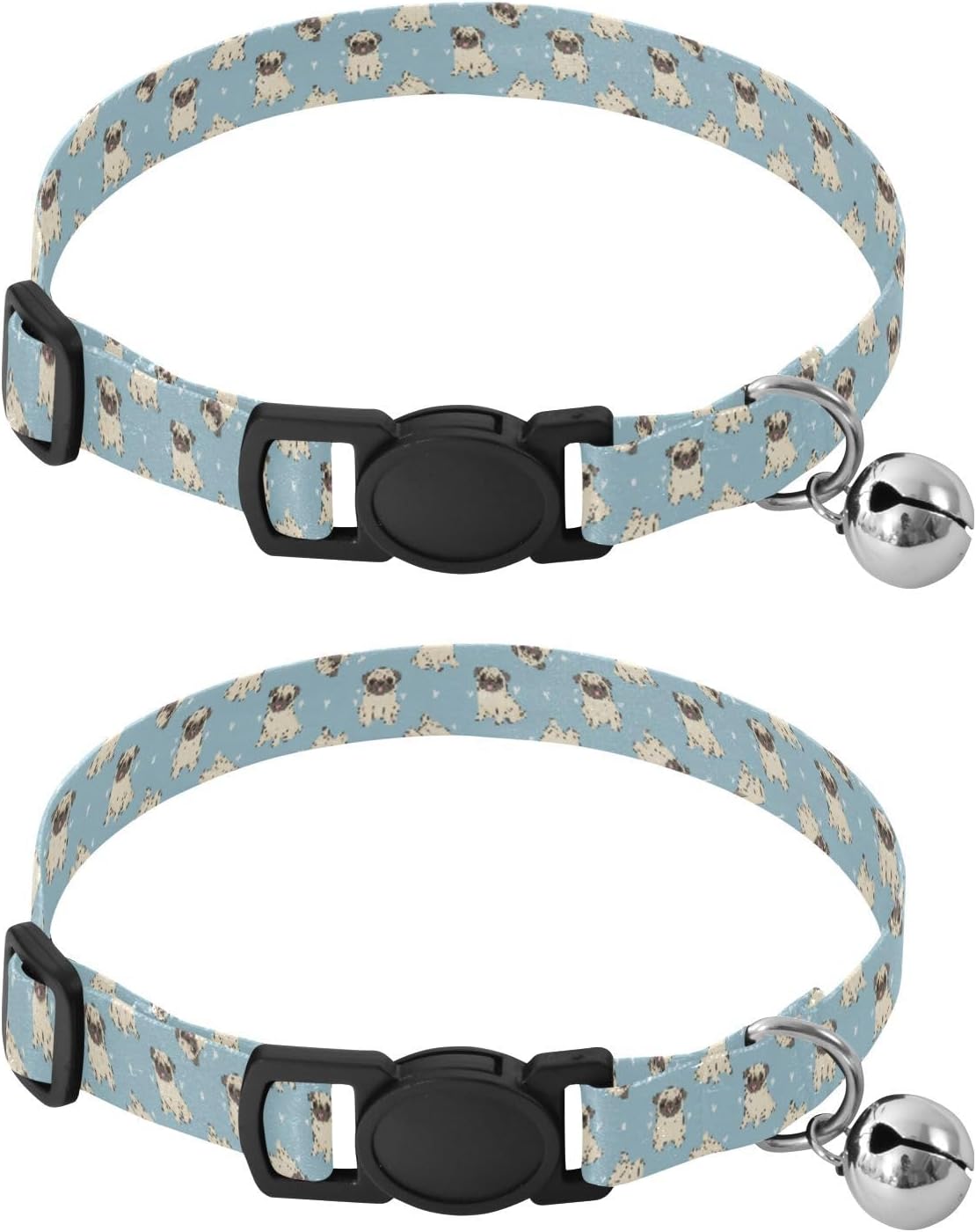 Cute Animals Pugs Blue Pattern Dog Collar with Buckle Adjustable 2 Pack Pet Safety Necklace for Small Dogs Cats