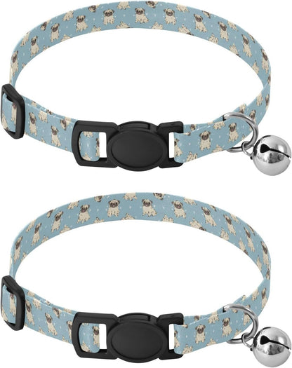 Cute Animals Pugs Blue Pattern Dog Collar with Buckle Adjustable 2 Pack Pet Safety Necklace for Small Dogs Cats