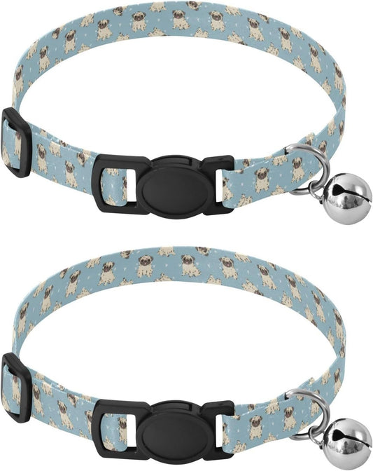 Cute Animals Pugs Blue Pattern Dog Collar with Buckle Adjustable 2 Pack Pet Safety Necklace for Small Dogs Cats