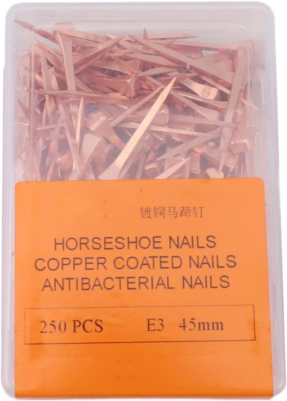 250Pcs Horseshoe Nails Copper Plated, Equestrian Riding Equipment, Rustproof Horseshoe Nails for Horse Hoof Health, Durable Copper Plated Nails with Storage Box, Professional Eques (45mm E3)