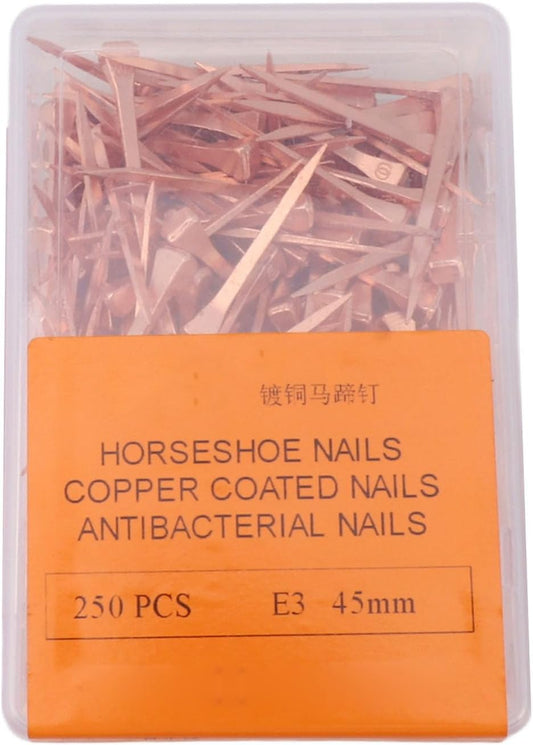 250Pcs Horseshoe Nails Copper Plated, Equestrian Riding Equipment, Rustproof Horseshoe Nails for Horse Hoof Health, Durable Copper Plated Nails with Storage Box, Professional Eques (45mm E3)