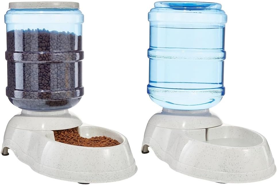 Amazon Basics Automatic Dog Cat Water Dispenser Gravity Feeder and Waterer Set, Large, 456.6fl.oz food feeder, 382.1fl.oz water dispenser, Gray