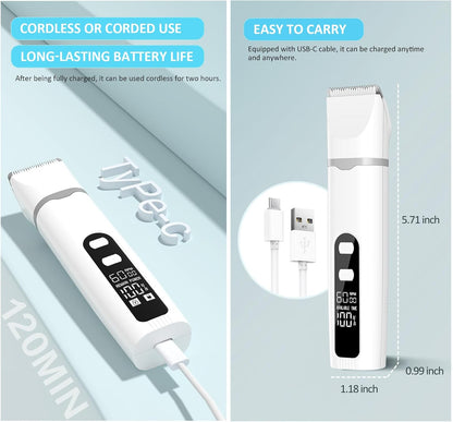 Dog Clippers for Grooming, 4 in 1 Dogs Paw Trimmer Pet Grooming Kit, Low Noise Dog Shavers with Nail Grinder Quiet, Rechargeable Cordless Electric Pets Clippers, 2-Speed Pet Hair Trimmer for Dogs Cat
